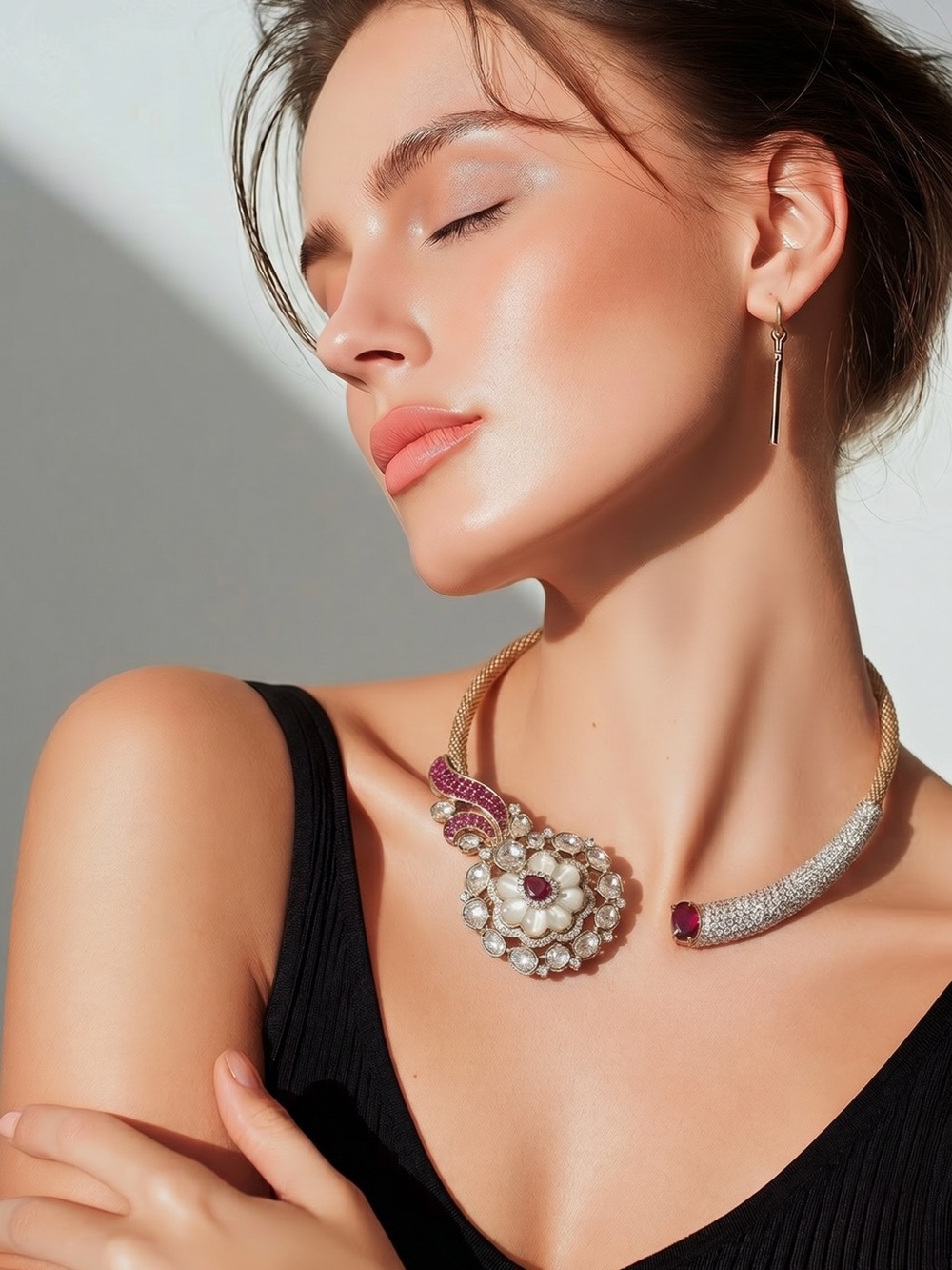 Gold-Tone Pearl & Ruby color Statement Necklace - Pink Accent